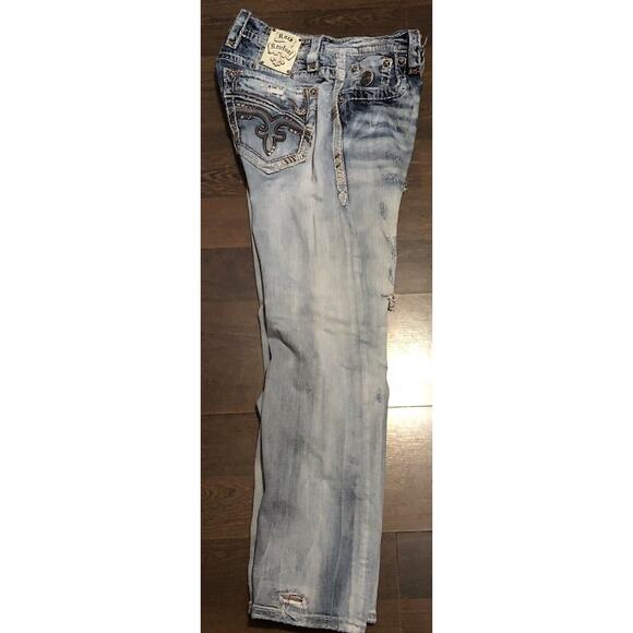 $220 Mens Rock Revival Jeans "Keifer"Leather Inserts Relaxed Straight 33x32 - Picture 1 of 14
